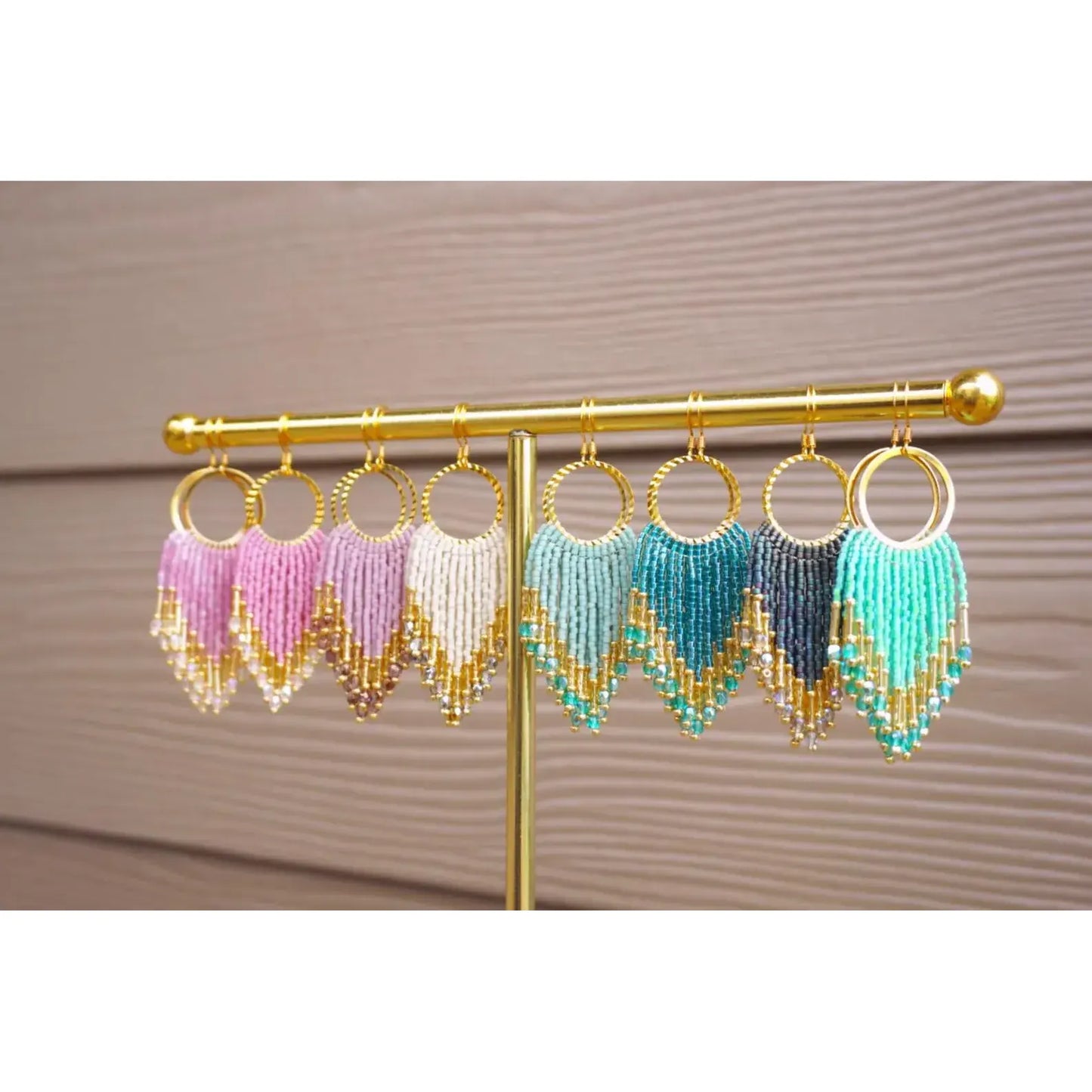 White and Gold Handmade Beaded Fringe Earrings
