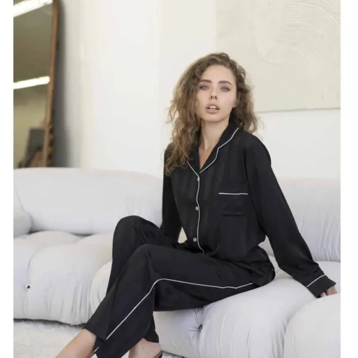 Black Silk Long Sleeves Silk Pajamas