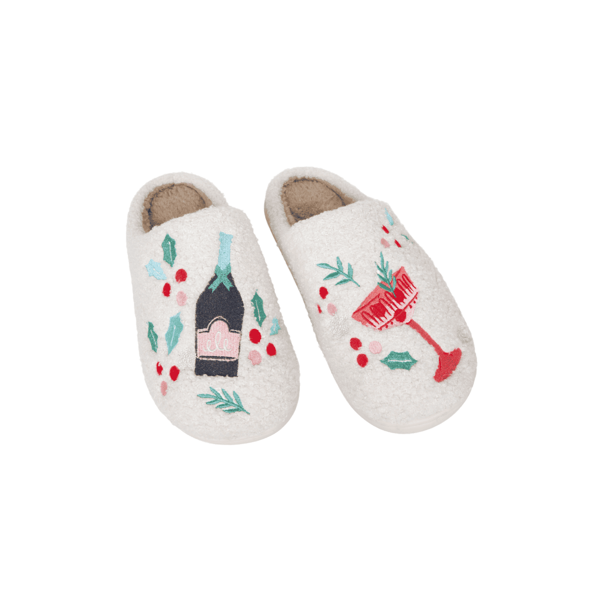 Champagne, Coupes & Holly Fuzzy Holiday Slippers