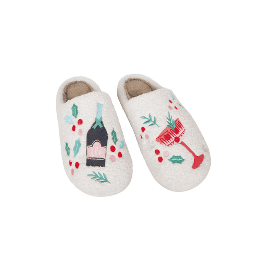 Champagne, Coupes & Holly Fuzzy Holiday Slippers