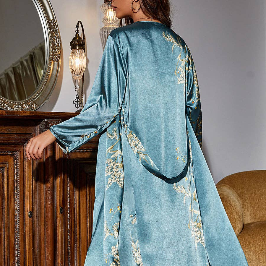 Japanese Floral Print Lounge Set in Teal