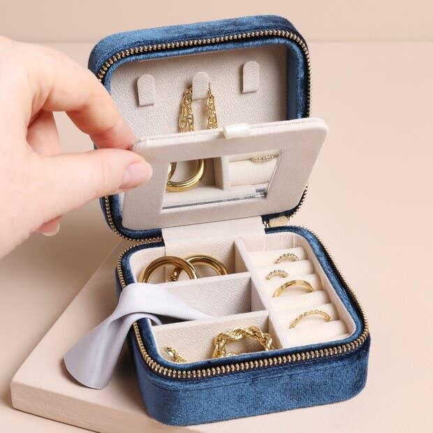 Navy Velvet Square Travel Jewelry Case