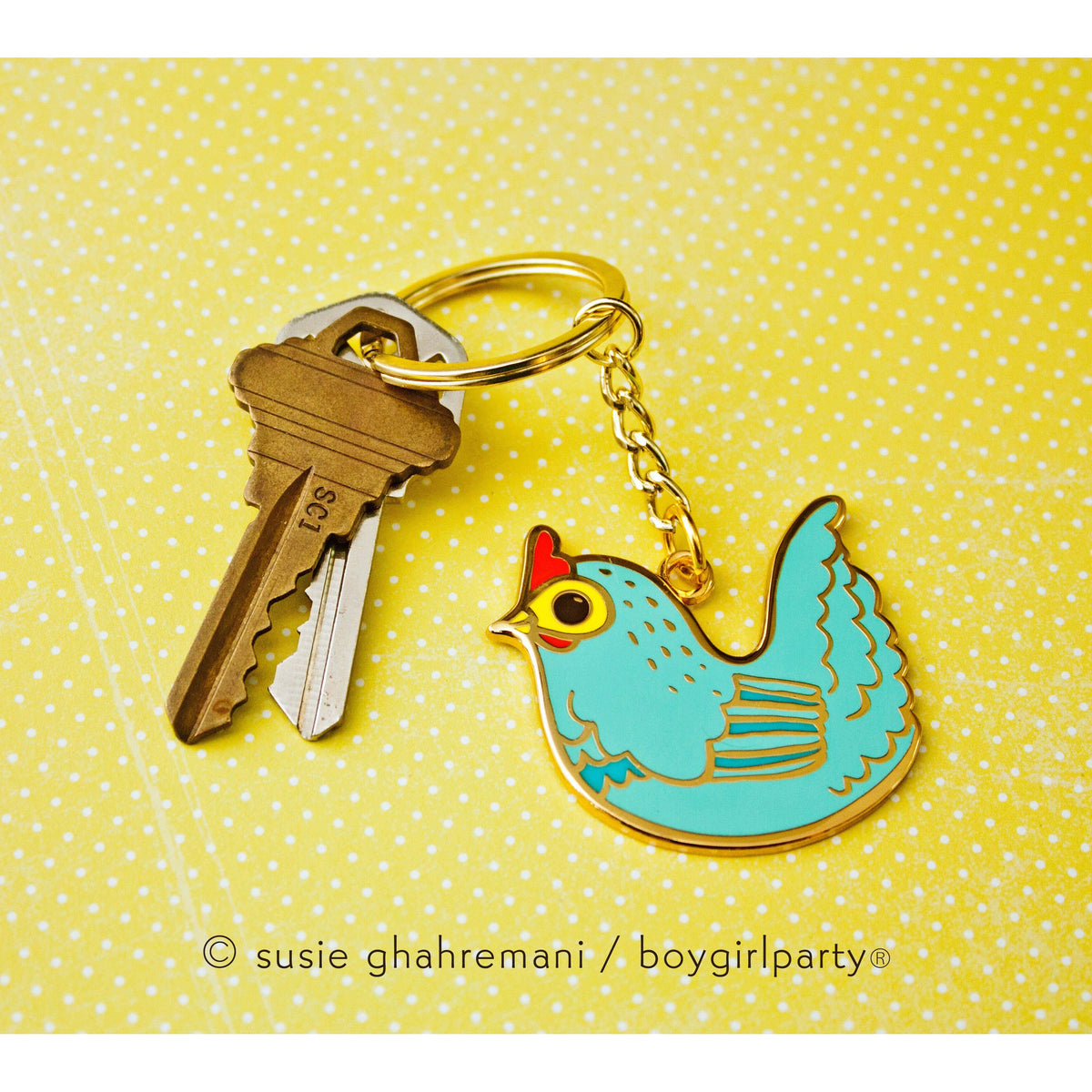 Chicken Enamel Keychain - Gold Key Chain with Ring Aqua Blue