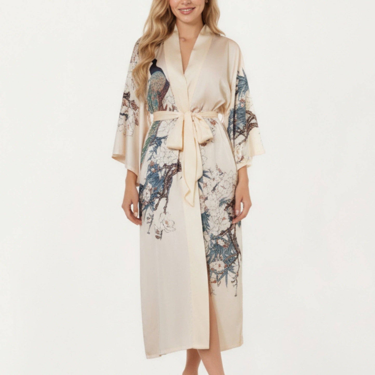 Long Satin Peacock Kimono Robe