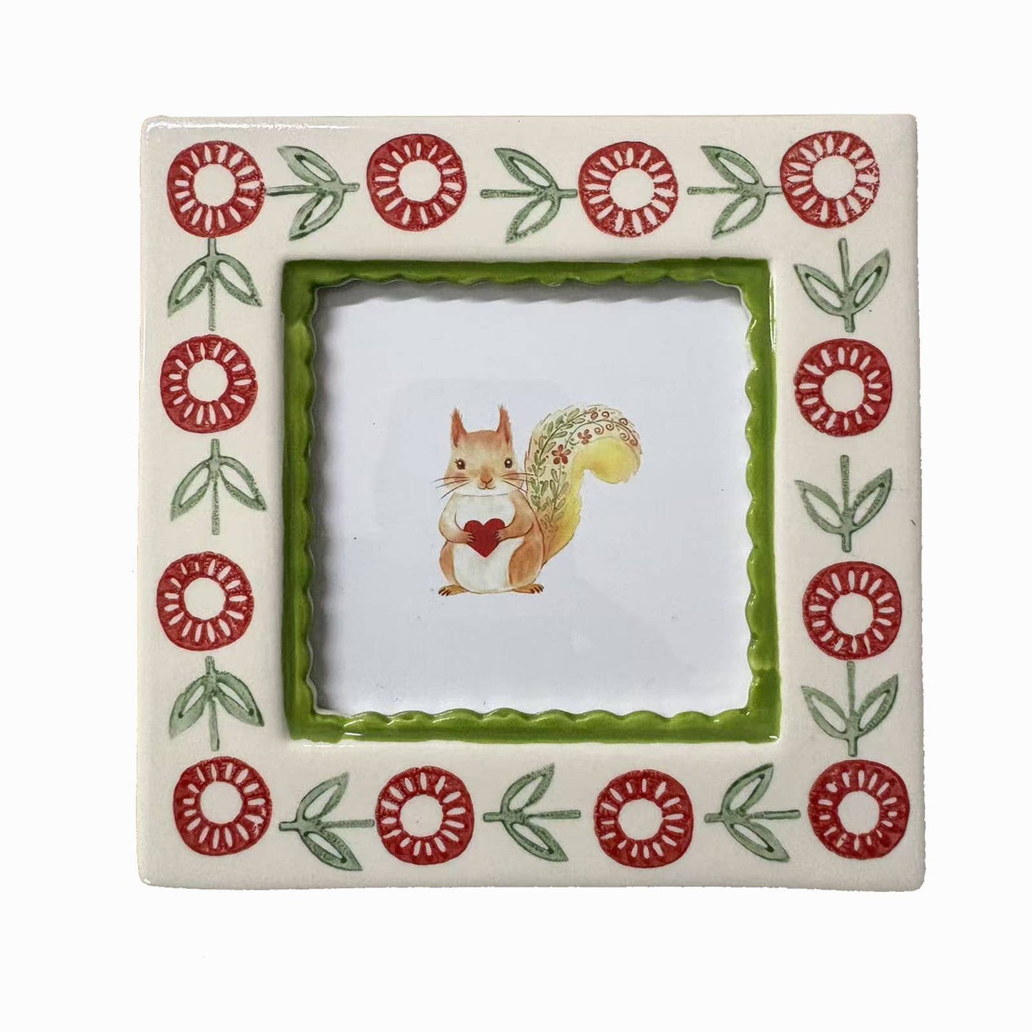 Hand-Painted Green Floral Ceramic Photo Frame | Stoneware Picture Frame