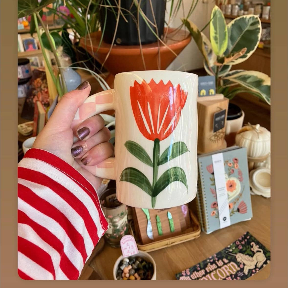 Hand-Painted Red Floral Stoneware Mug | 14 oz Coffee & Tea Mug