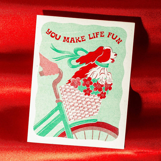 King Charles Spaniel Bicycle Risograph Greeting Card