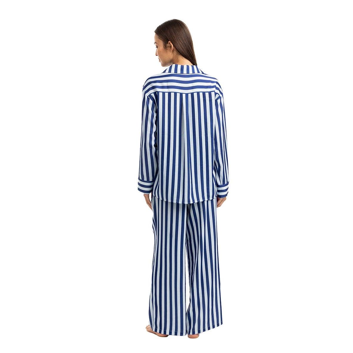 Blue Striped Satin Pajama Set