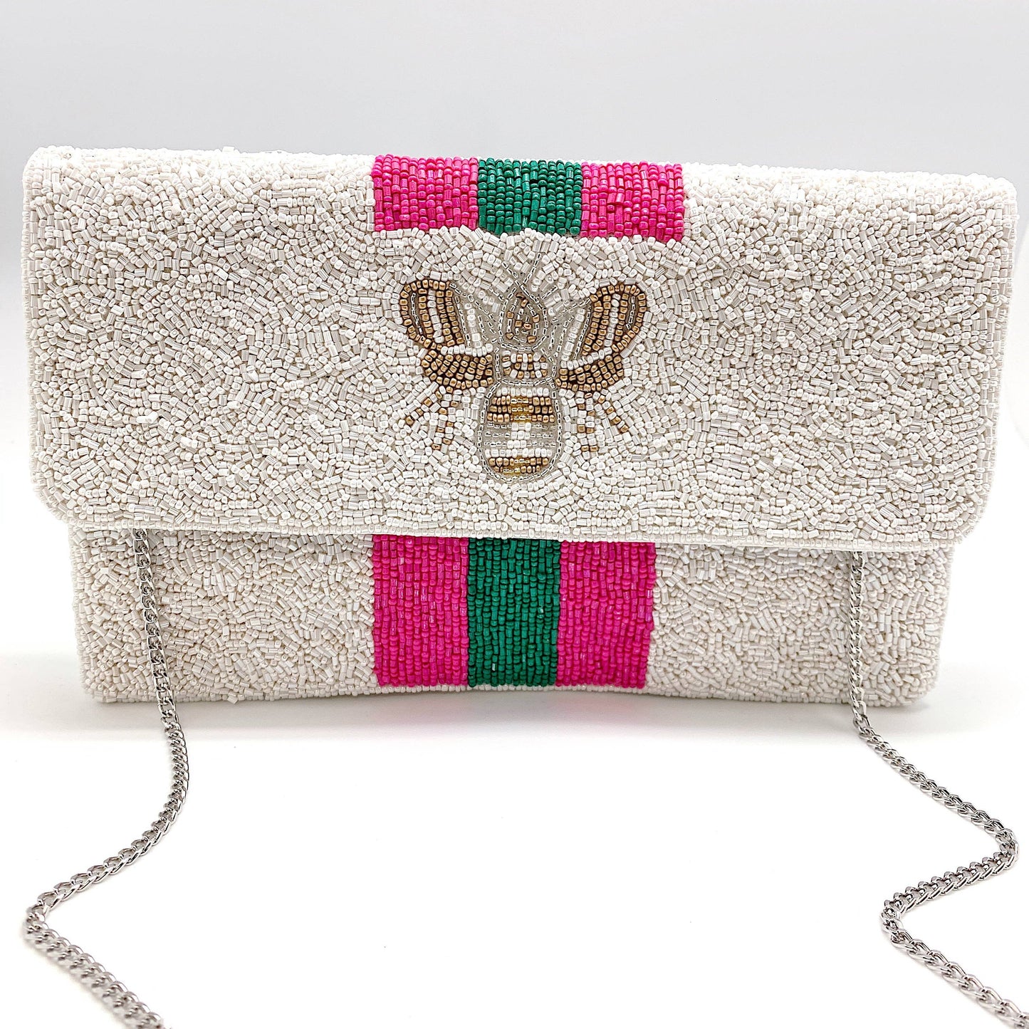 White Beaded Bee Clutch