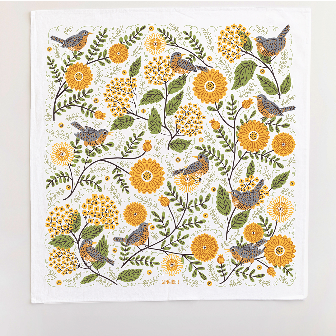 Mums & Robins Tea Towel - Bird Floral Kitchen Decor