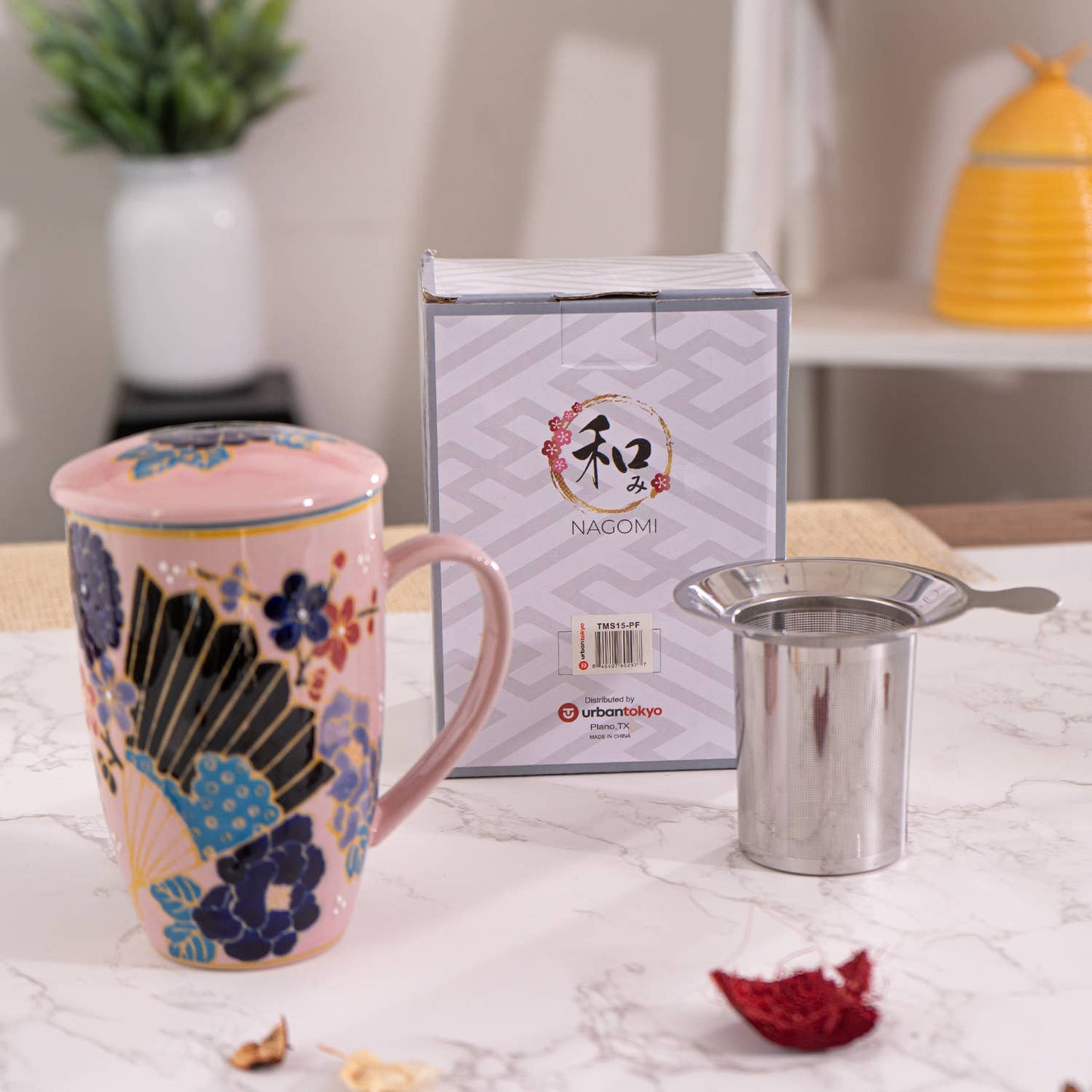 Festival Fan Porcelain Tea Mug with Infuser & Lid | 15 oz Teacup