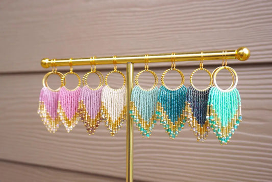 White and Gold Handmade Beaded Fringe Earrings