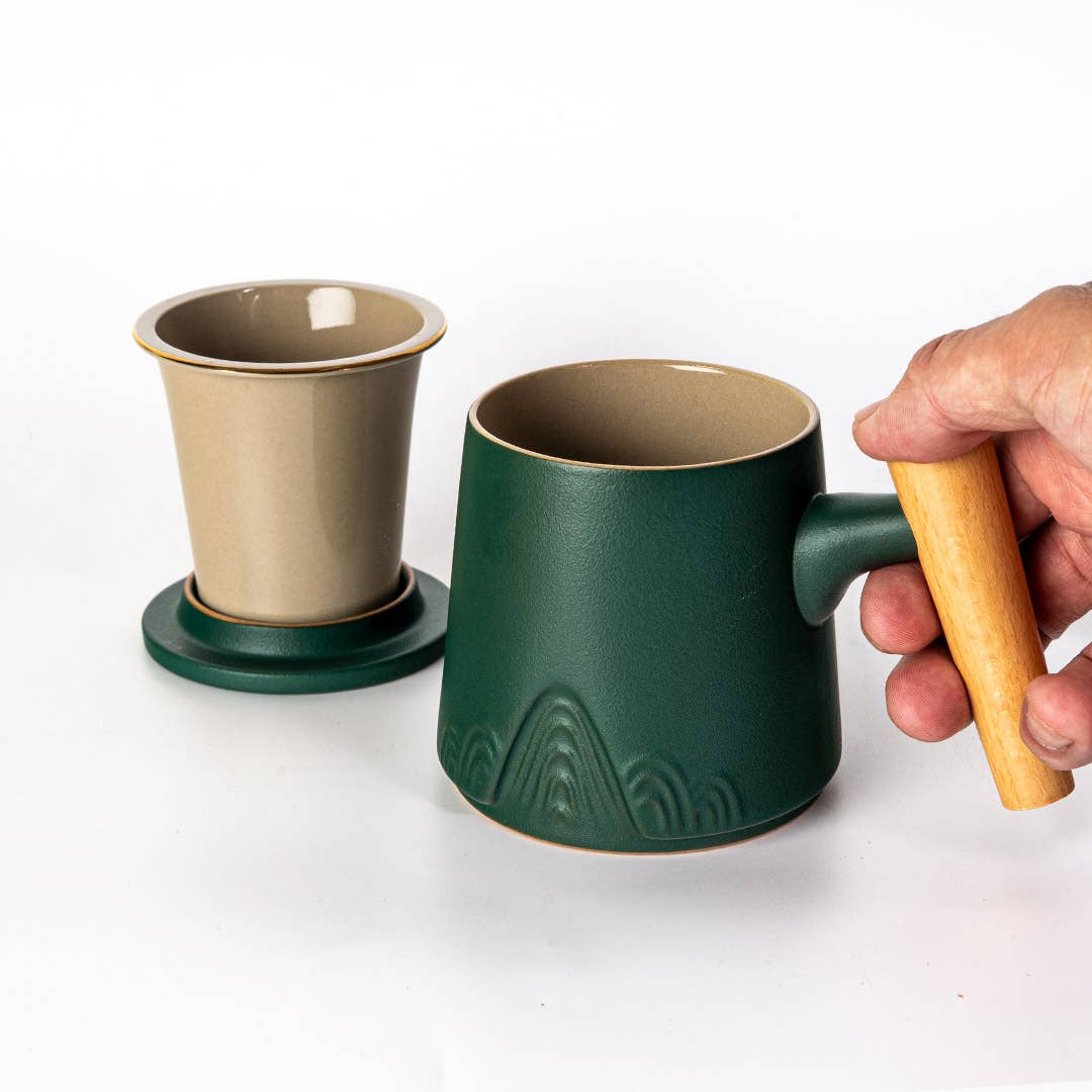 Mountain Range Green Porcelain Tea Mug with Infuser & Lid | 12 oz