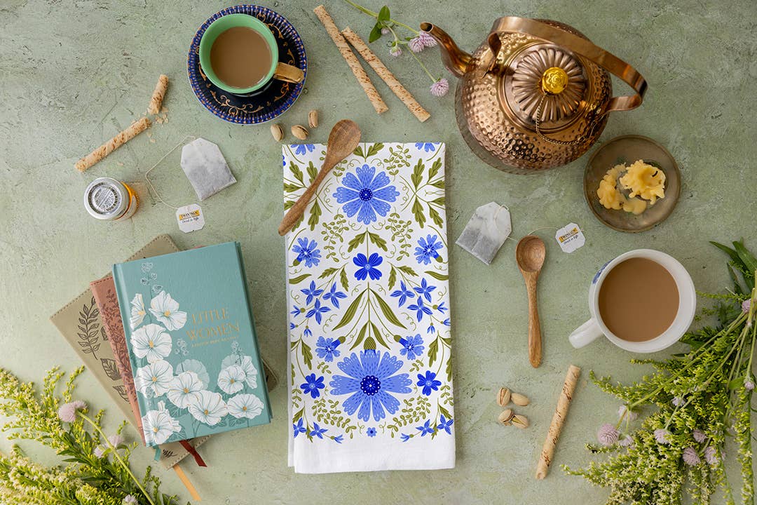 Blue Cornflower Tea Towel - Blue Floral Kitchen Dish Towel