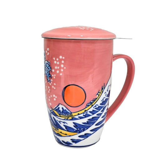 Sunset Wave Porcelain Tea Mug with Infuser & Lid | 15 oz Teacup