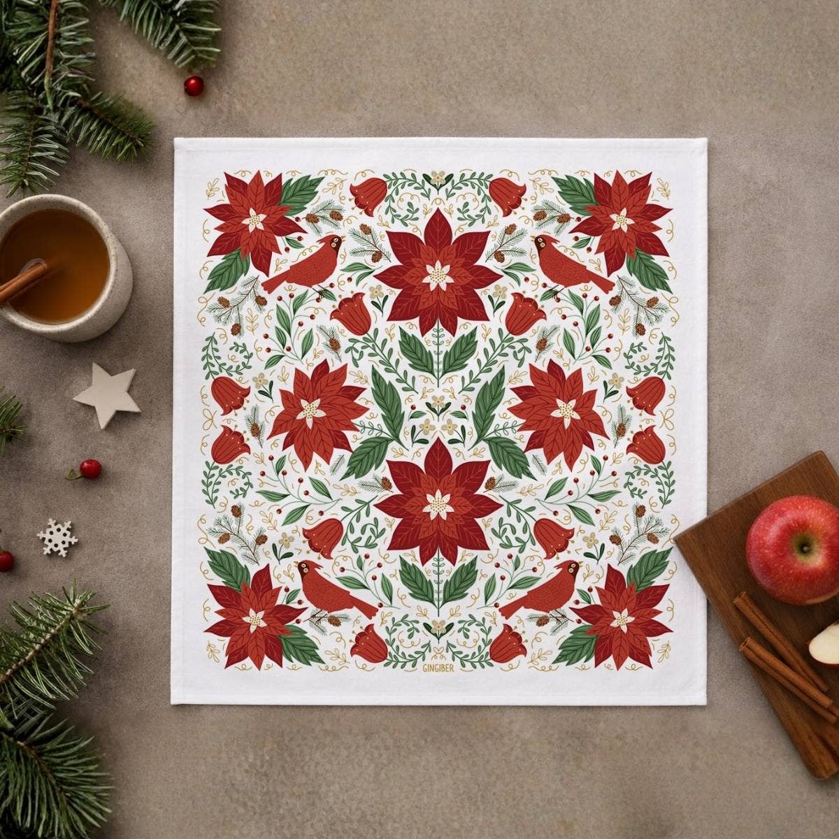 Christmas Poinsettia Tea Towel - Holiday Kitchen Towel Decor