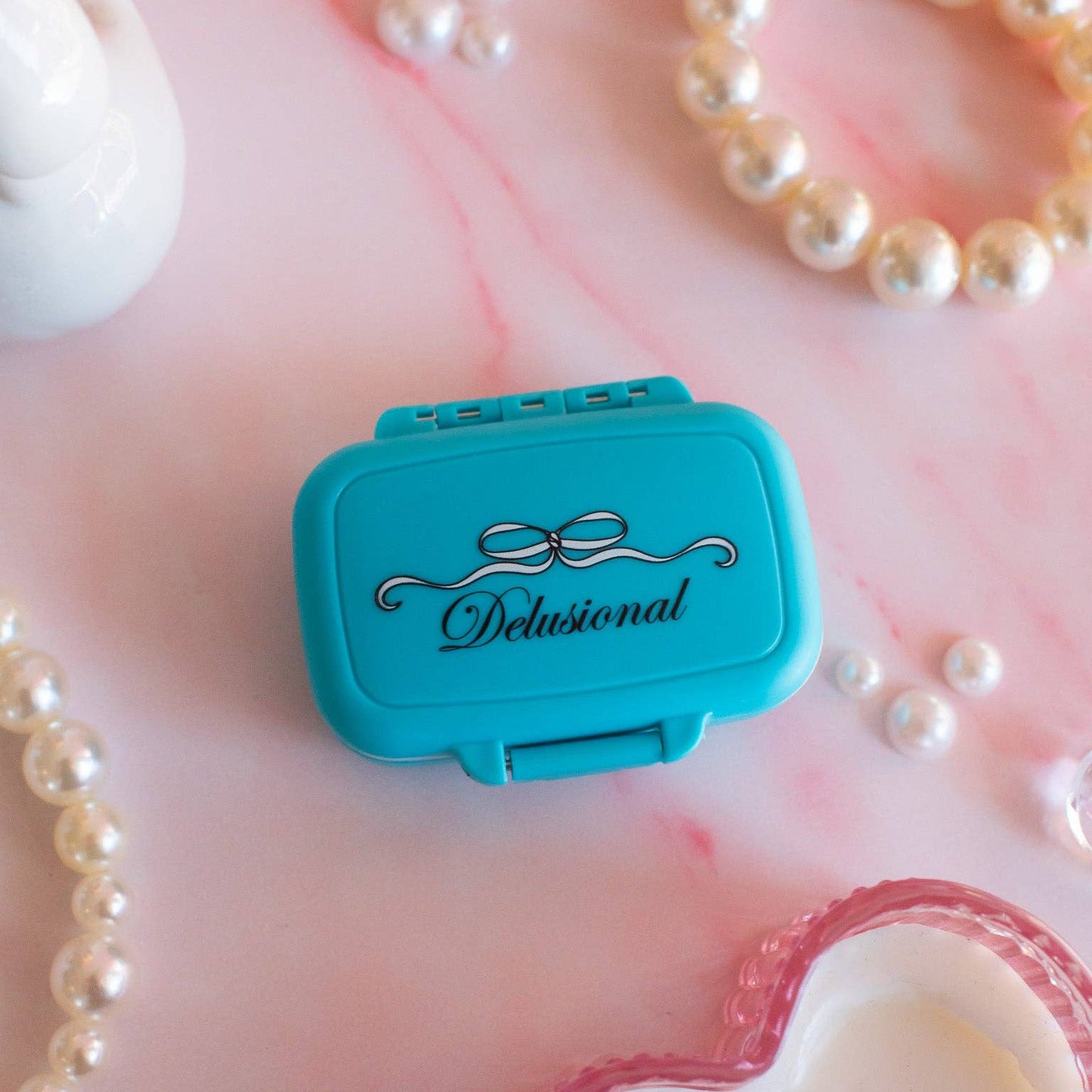 "I Love Being Delulu" Pill Case – Blue Mini Suitcase Organizer