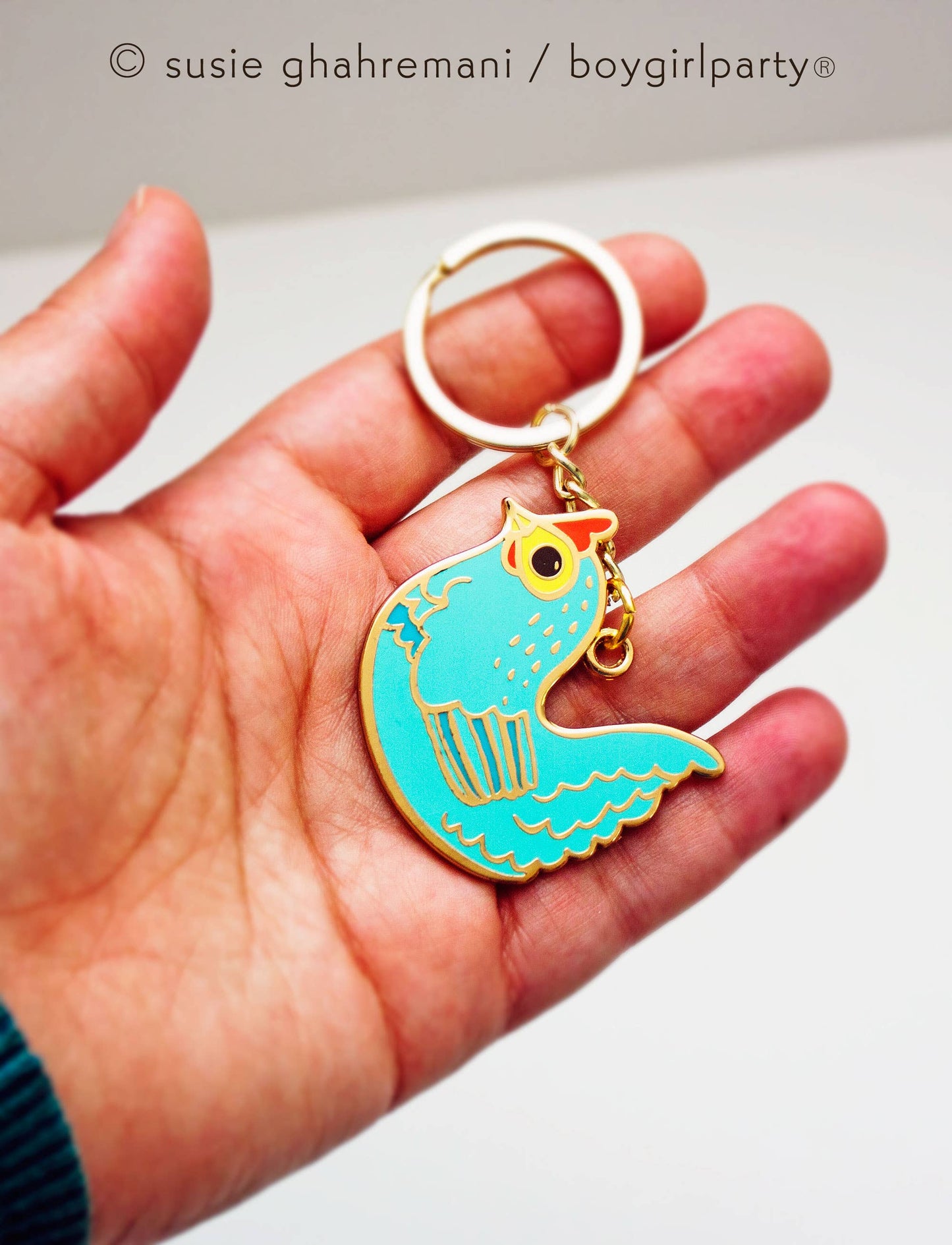 Chicken Enamel Keychain - Gold Key Chain with Ring Aqua Blue