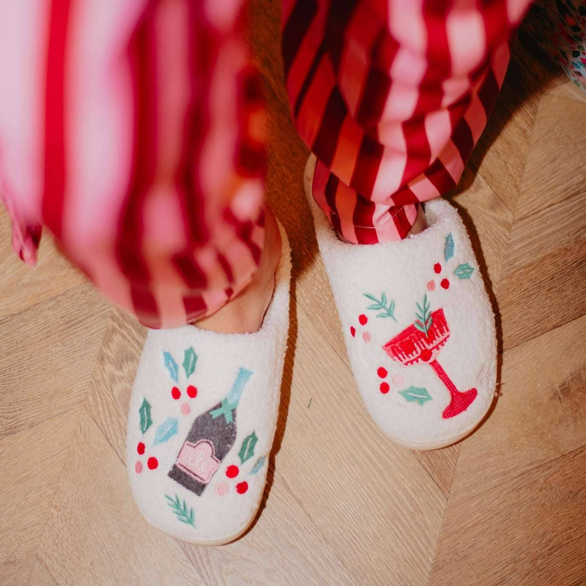 Champagne, Coupes & Holly Fuzzy Holiday Slippers