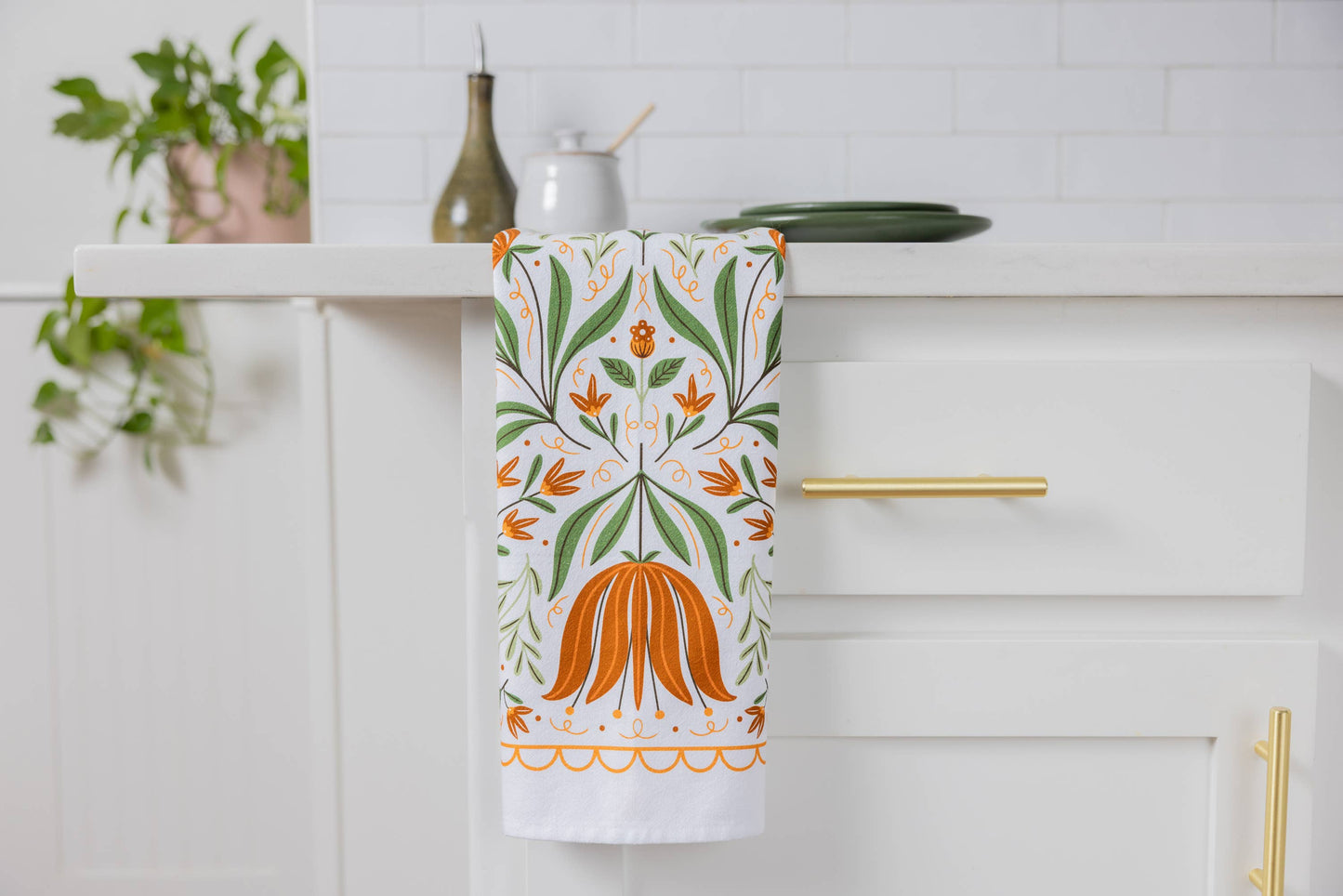 Folk Floral Tea Towel - Fall Kitchen Dish Towel Decor