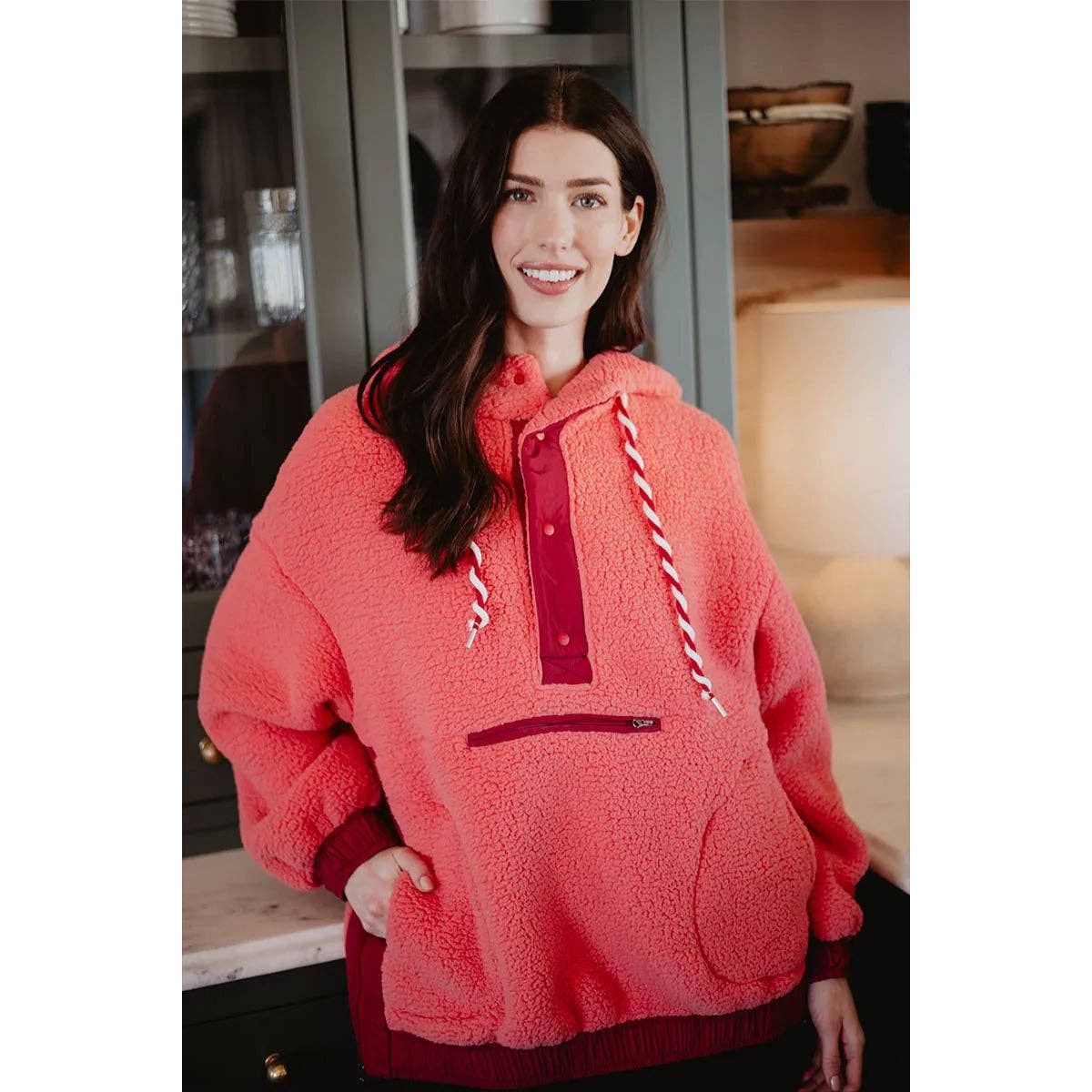 Coral Two-Tone Sherpa Fleece Pullover