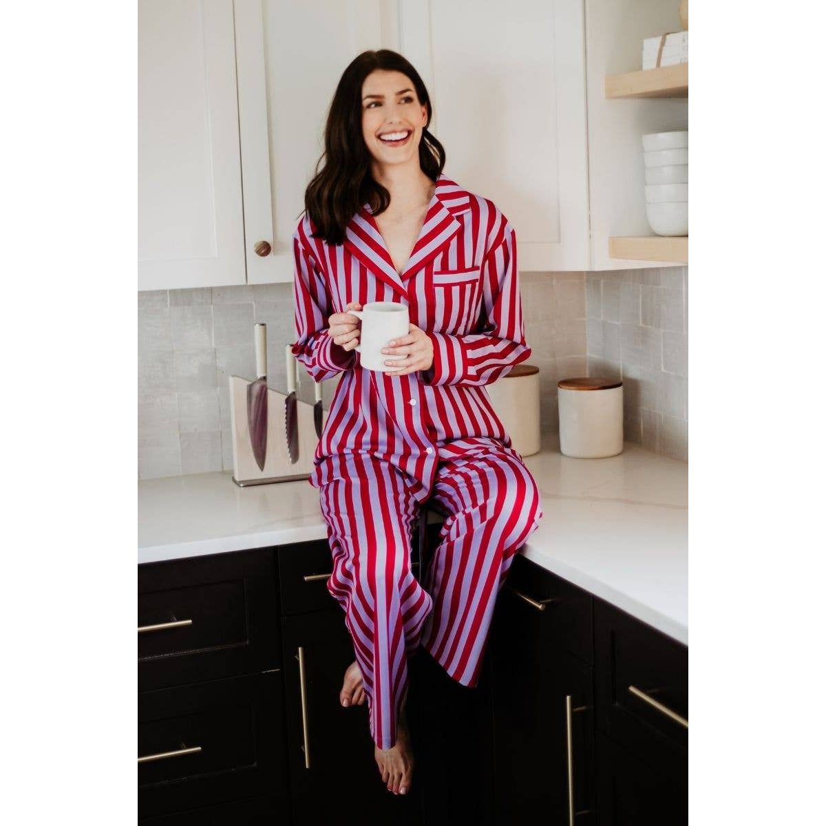 Lilac Striped Satin Pajama Set