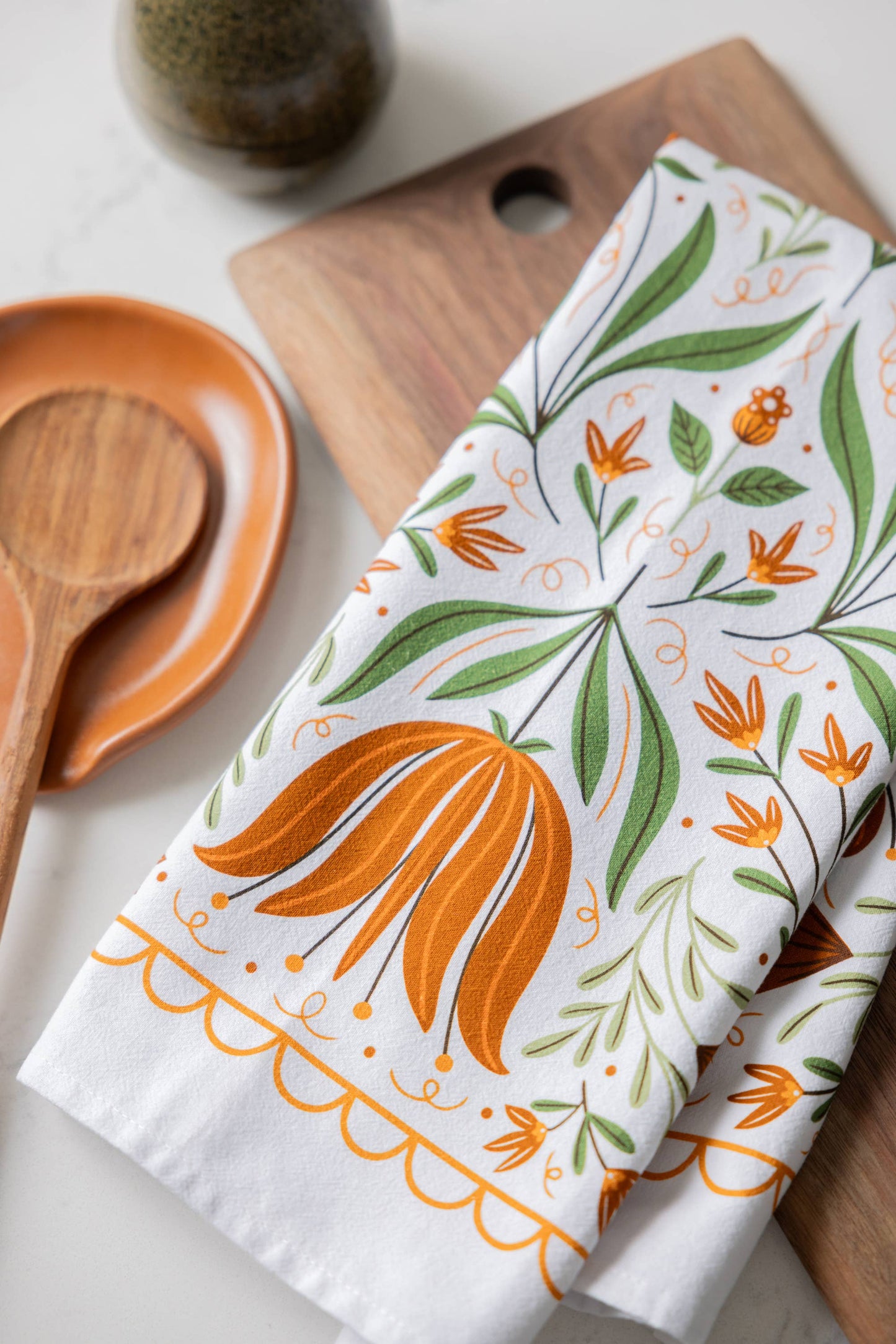 Folk Floral Tea Towel - Fall Kitchen Dish Towel Decor