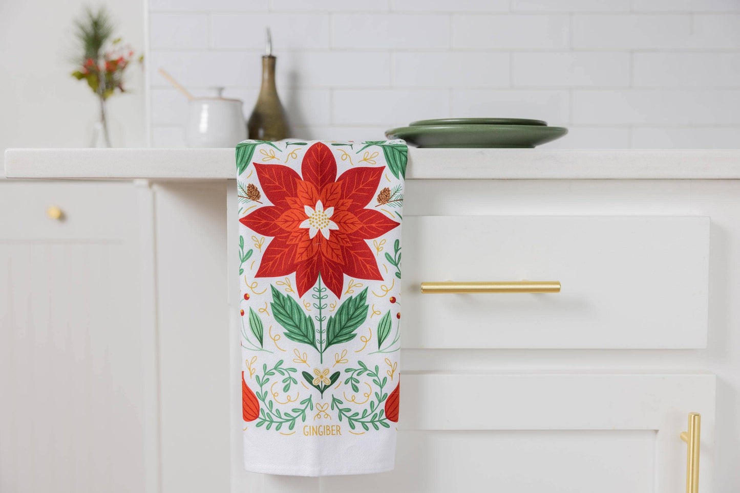 Christmas Poinsettia Tea Towel - Holiday Kitchen Towel Decor