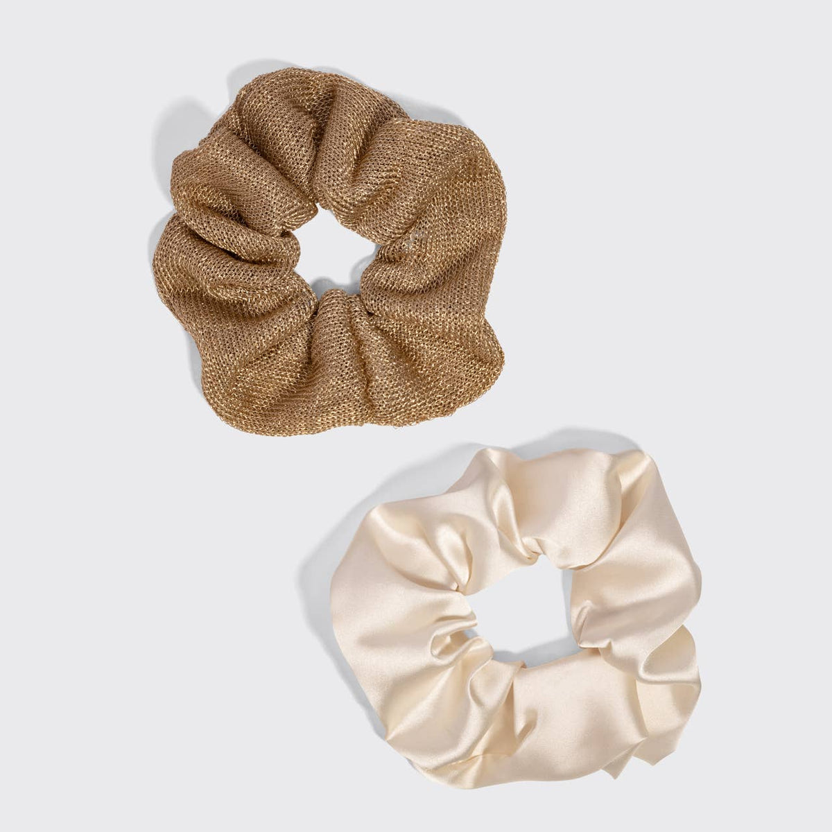 Cream & Gold Satin Scrunchie Set | Metallic Mesh Hair Ties (Set of 2)