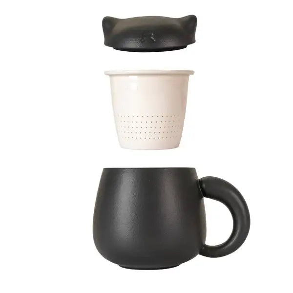 Cat-Shaped Porcelain Tea Mug with Infuser and Lid (13 oz)