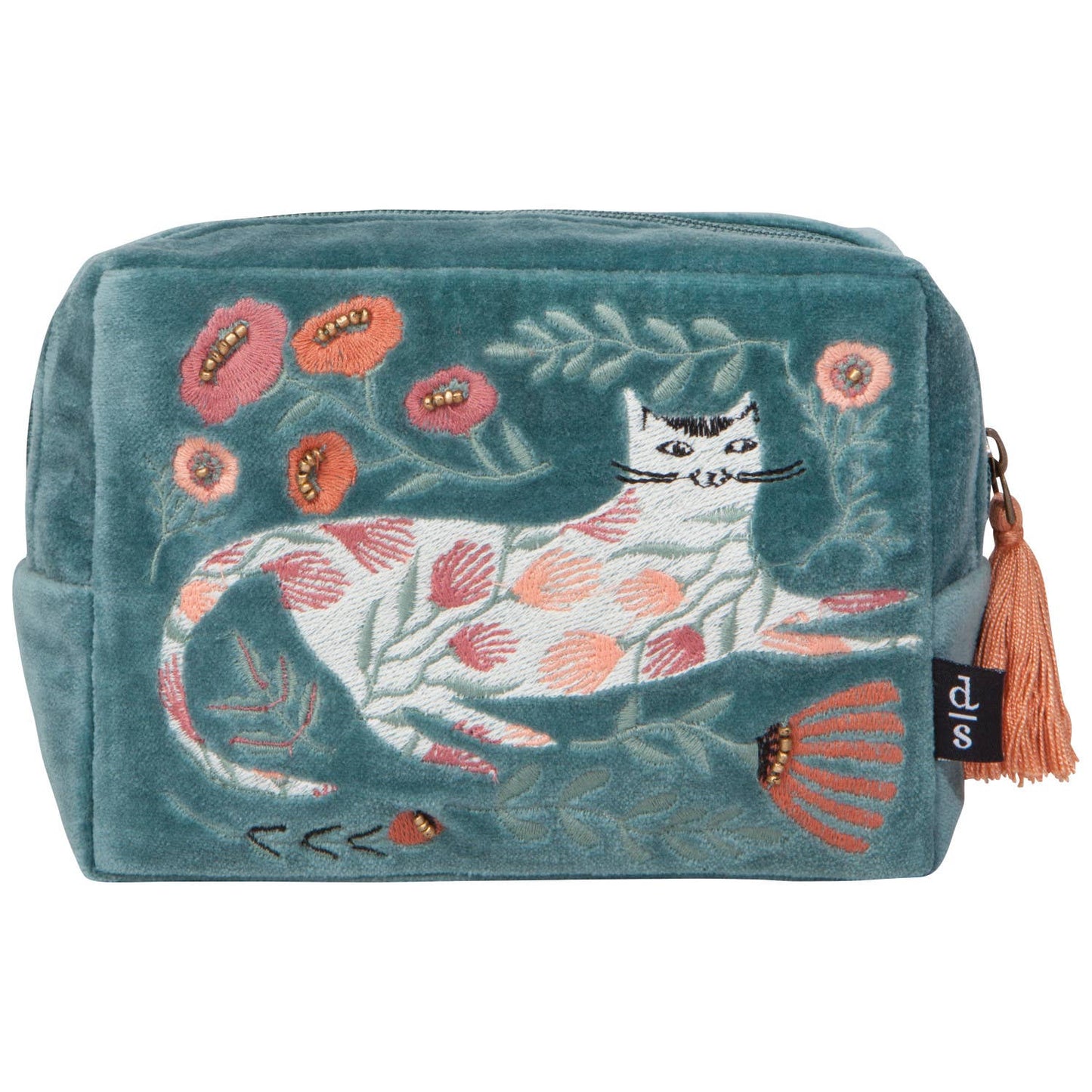 Teal Catbloom Embroidered Pouch