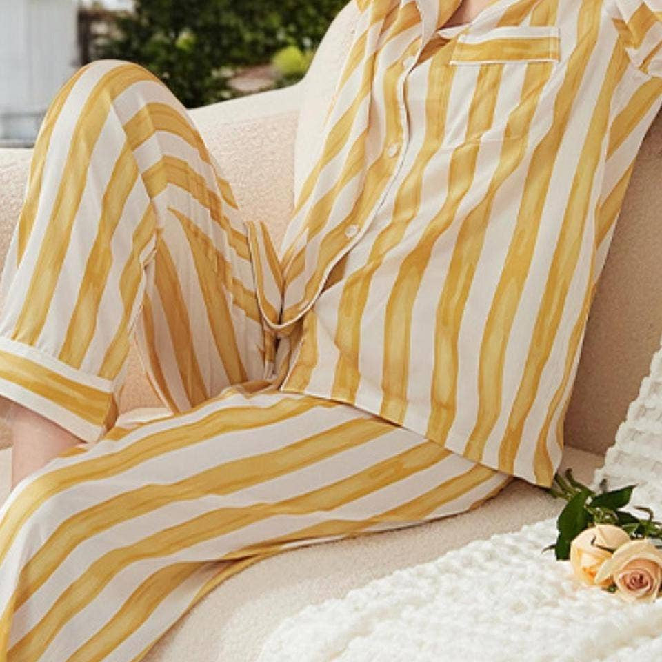 Yellow Satin Striped Pajama Set