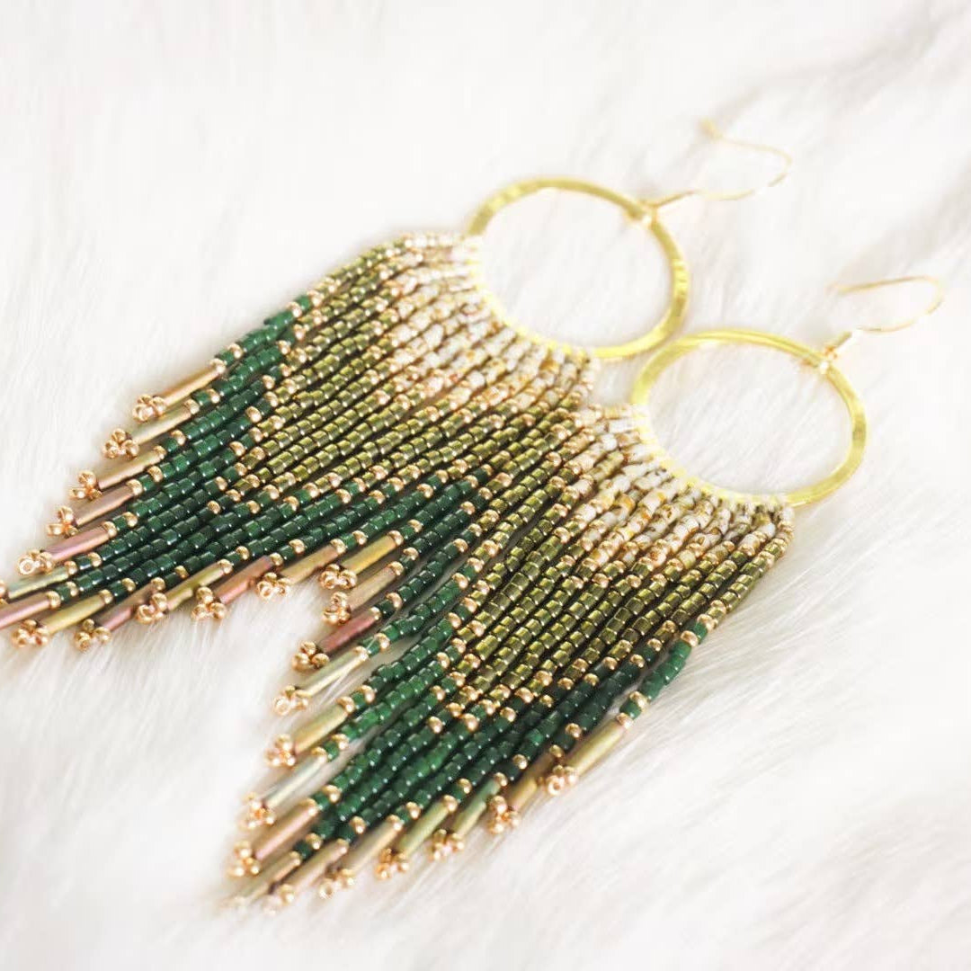 Green & Gold Beaded Fringe Hoop Earrings