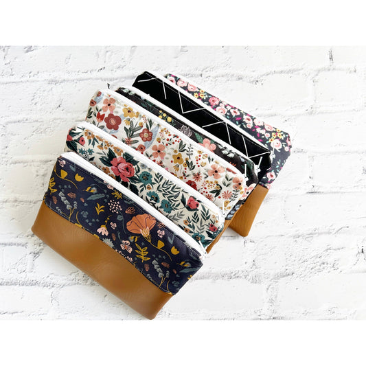 Flat Cosmetic Zipper Pouch Variety Pack | Vegan Leather & Fabric Makeup Bag