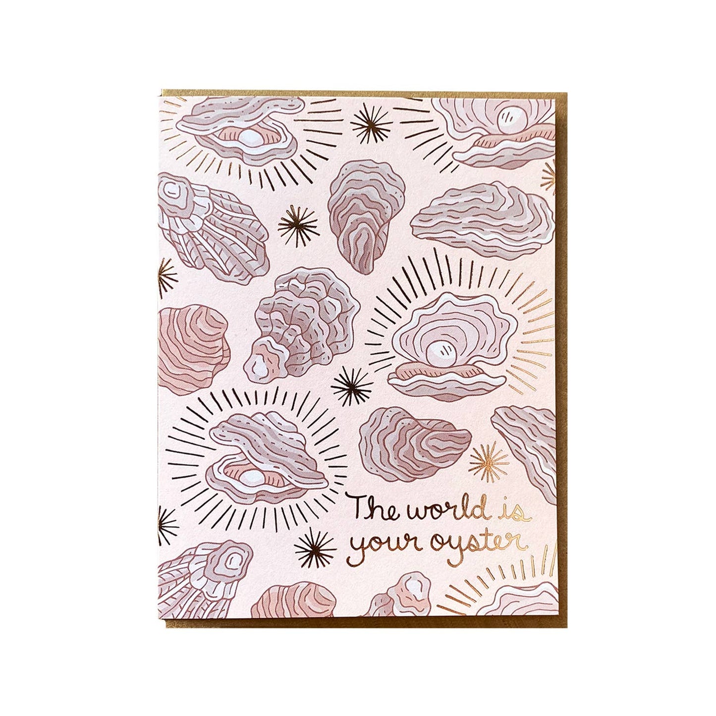 Notebook with oyster shell pattern and 'The world is your oyster' text on a white background