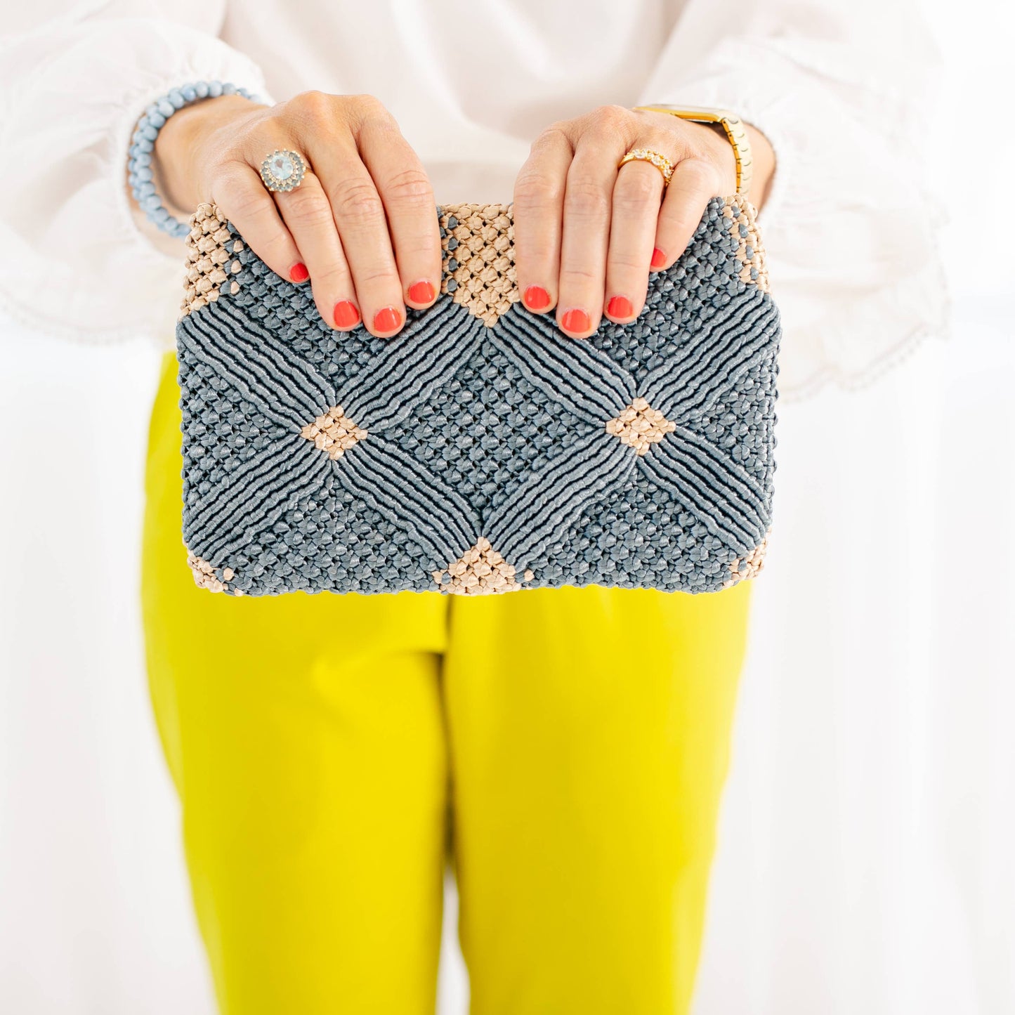 Dusty Blue & Champagne Macrame Clutch