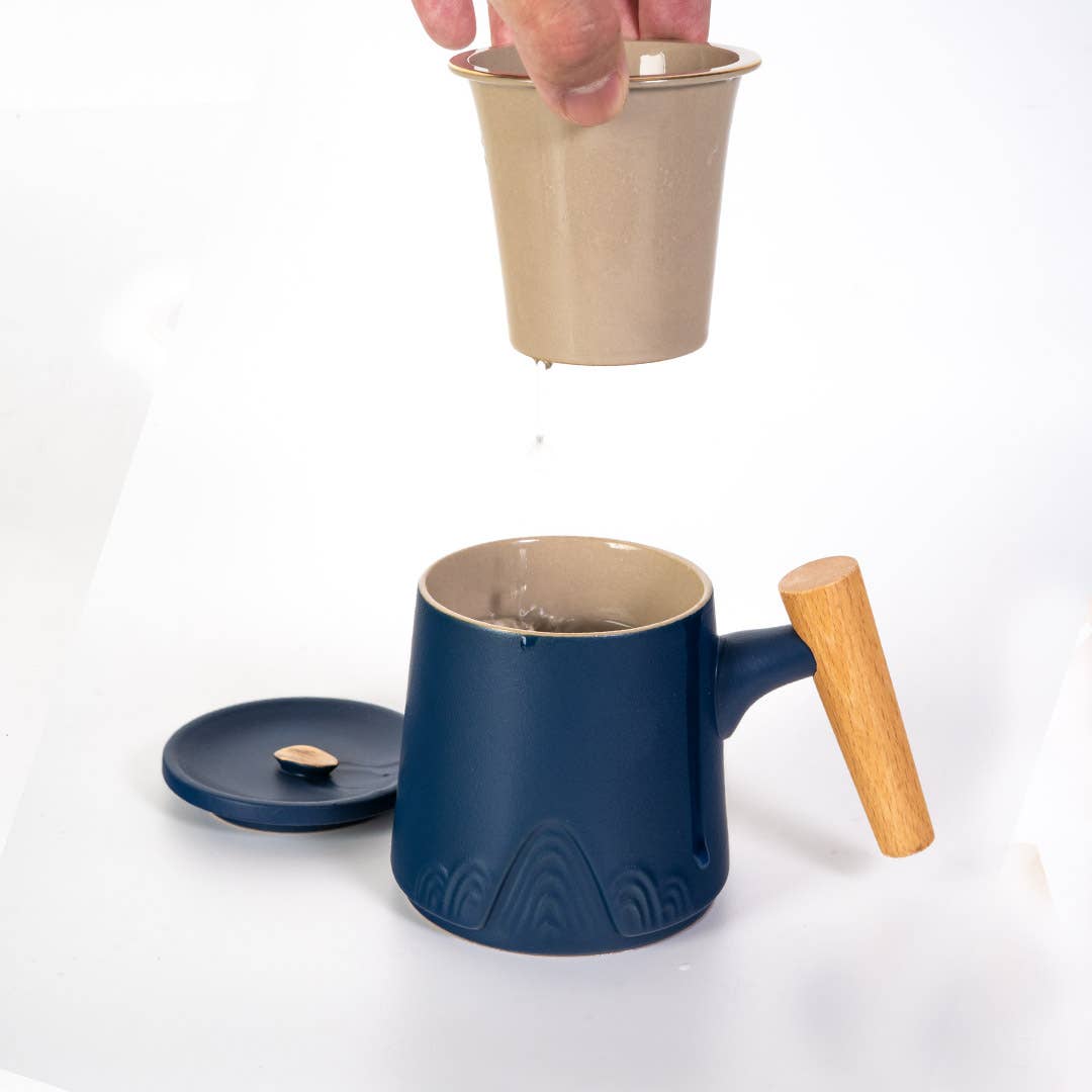 Mountain Range Navy Porcelain Tea Mug with Infuser and Lid (12 oz)