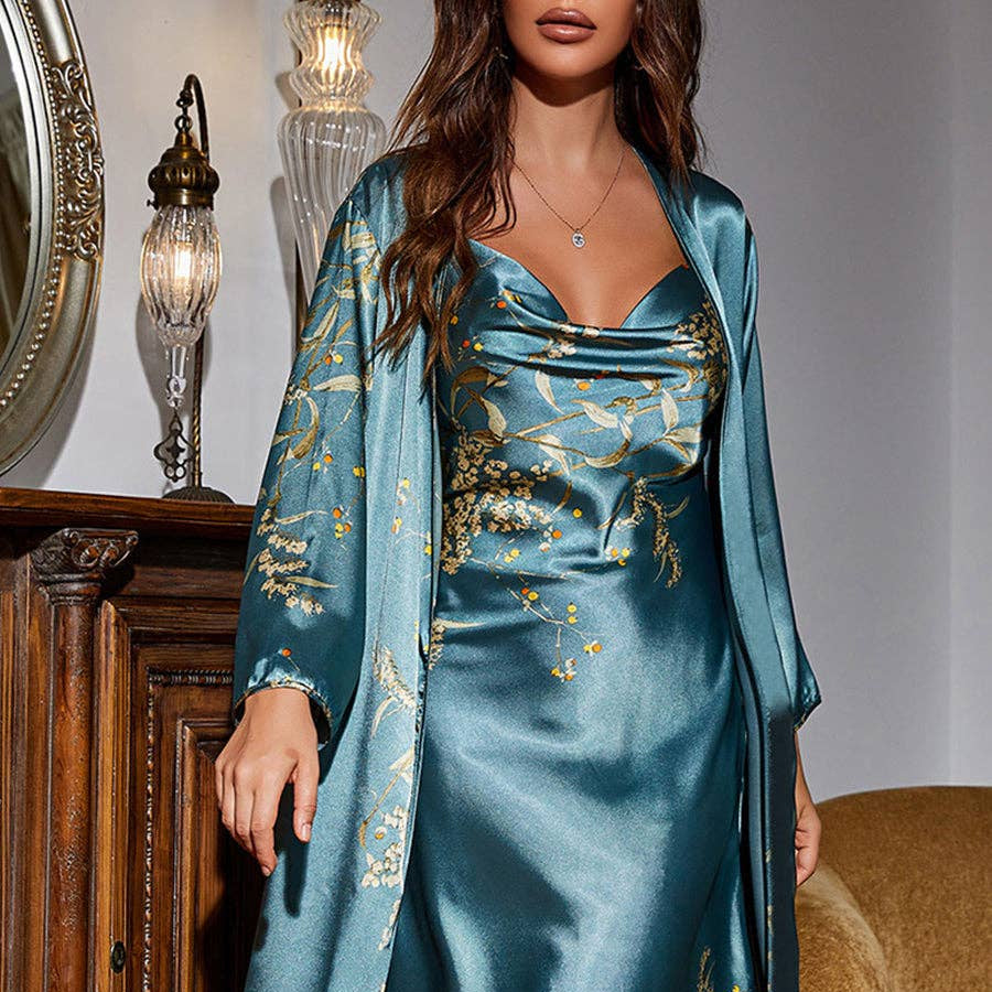 Japanese Floral Print Lounge Set in Teal