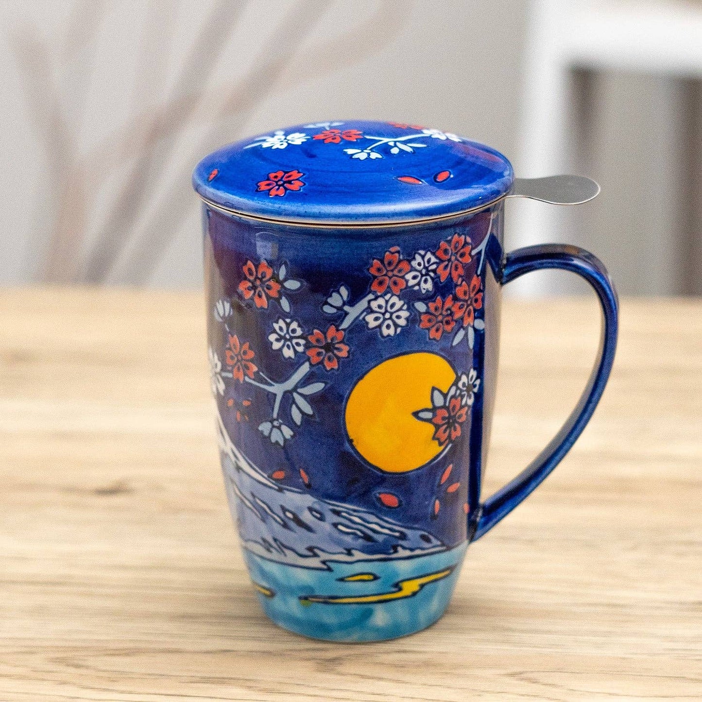 Fuji Mountain Porcelain Tea Mug with Infuser & Lid | 15 oz