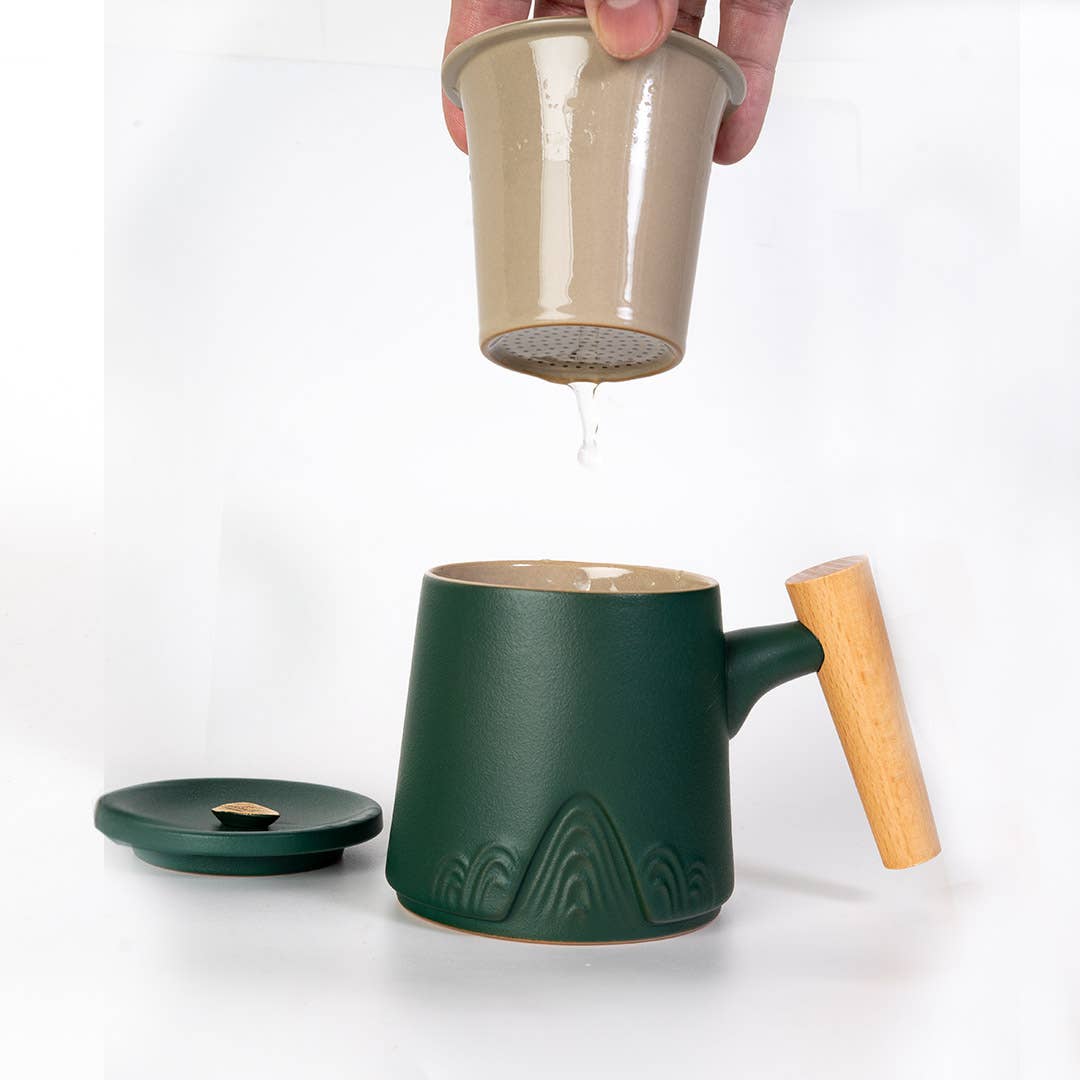 Mountain Range Green Porcelain Tea Mug with Infuser & Lid | 12 oz