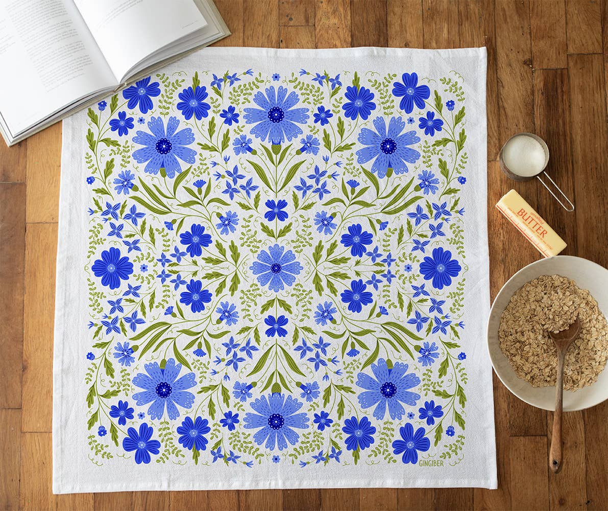 Blue Cornflower Tea Towel - Blue Floral Kitchen Dish Towel