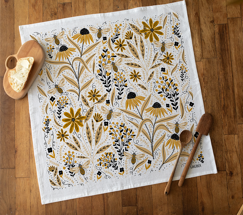 Bee Garden Tea Towel - Bee Floral Kitchen Towel Decor