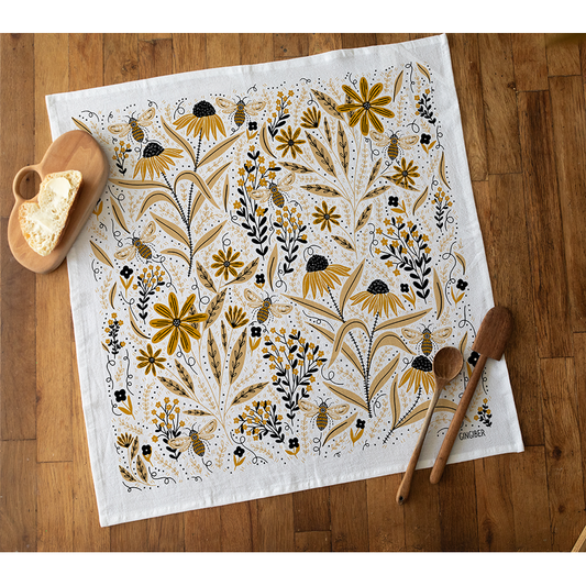 Bee Garden Tea Towel - Bee Floral Kitchen Towel Decor