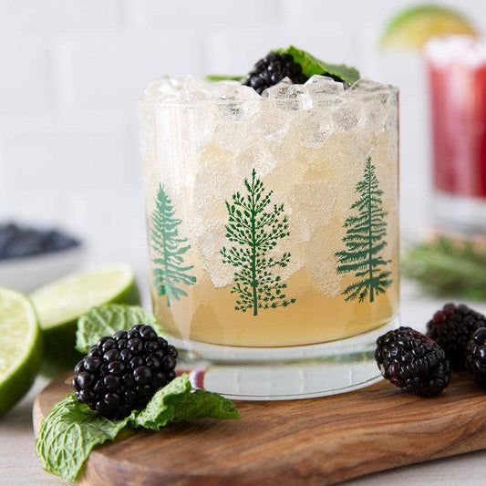 Pine Trees Rocks Glass | 11 oz Hand-Drawn Whiskey Glass