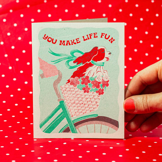King Charles Spaniel Bicycle Risograph Greeting Card