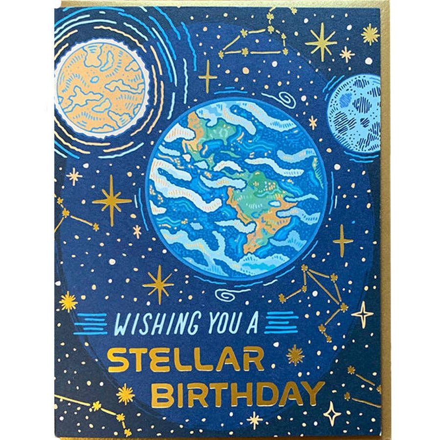 Greeting card with space-themed design and 'Wishing you a stellar birthday' text.