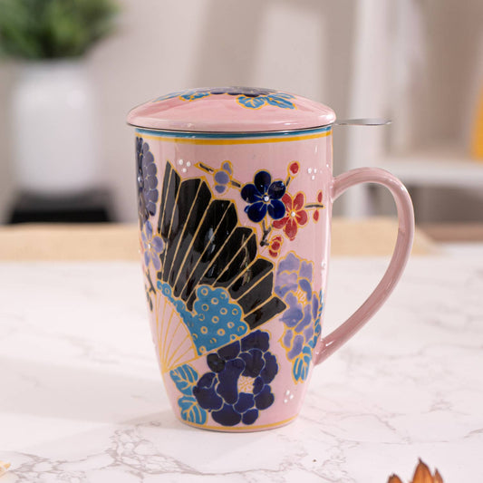 Festival Fan Porcelain Tea Mug with Infuser & Lid | 15 oz Teacup