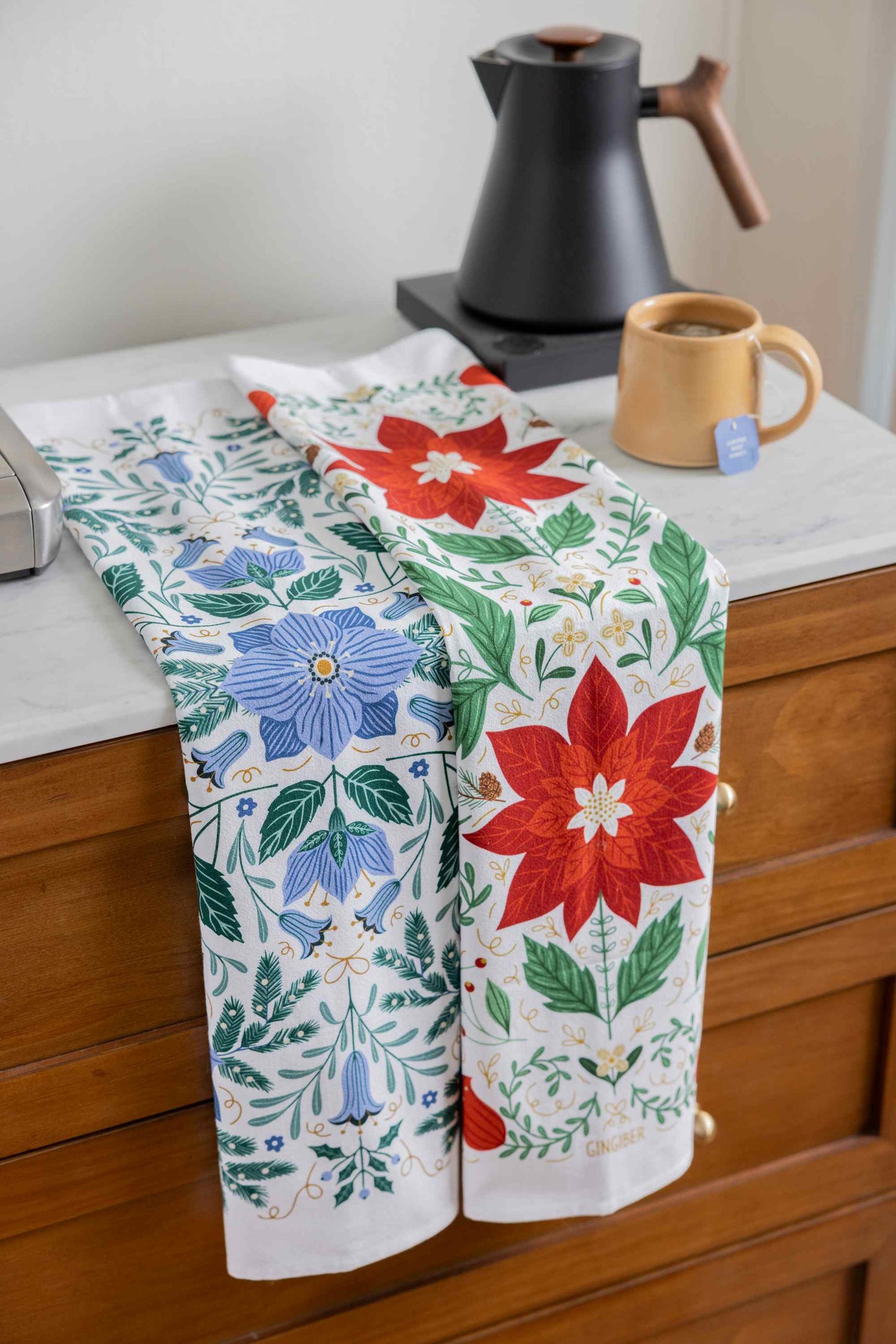 Christmas Poinsettia Tea Towel - Holiday Kitchen Towel Decor
