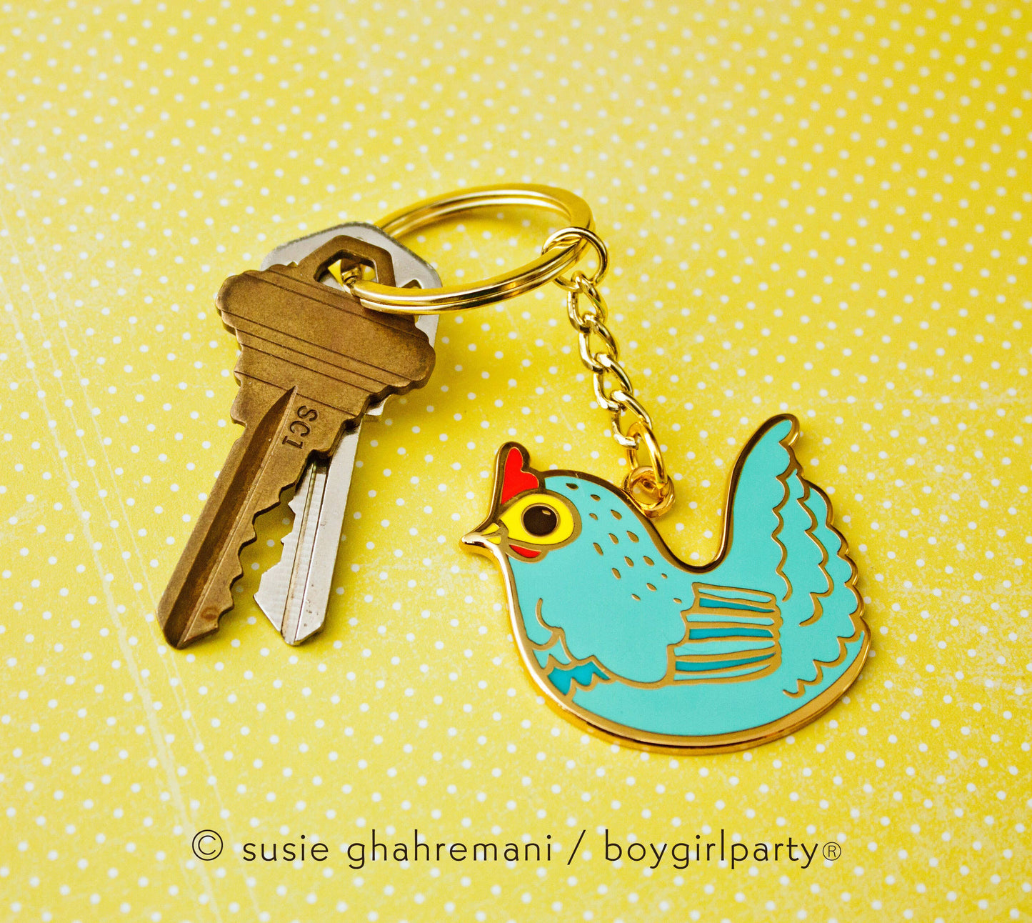 Chicken Enamel Keychain - Gold Key Chain with Ring Aqua Blue