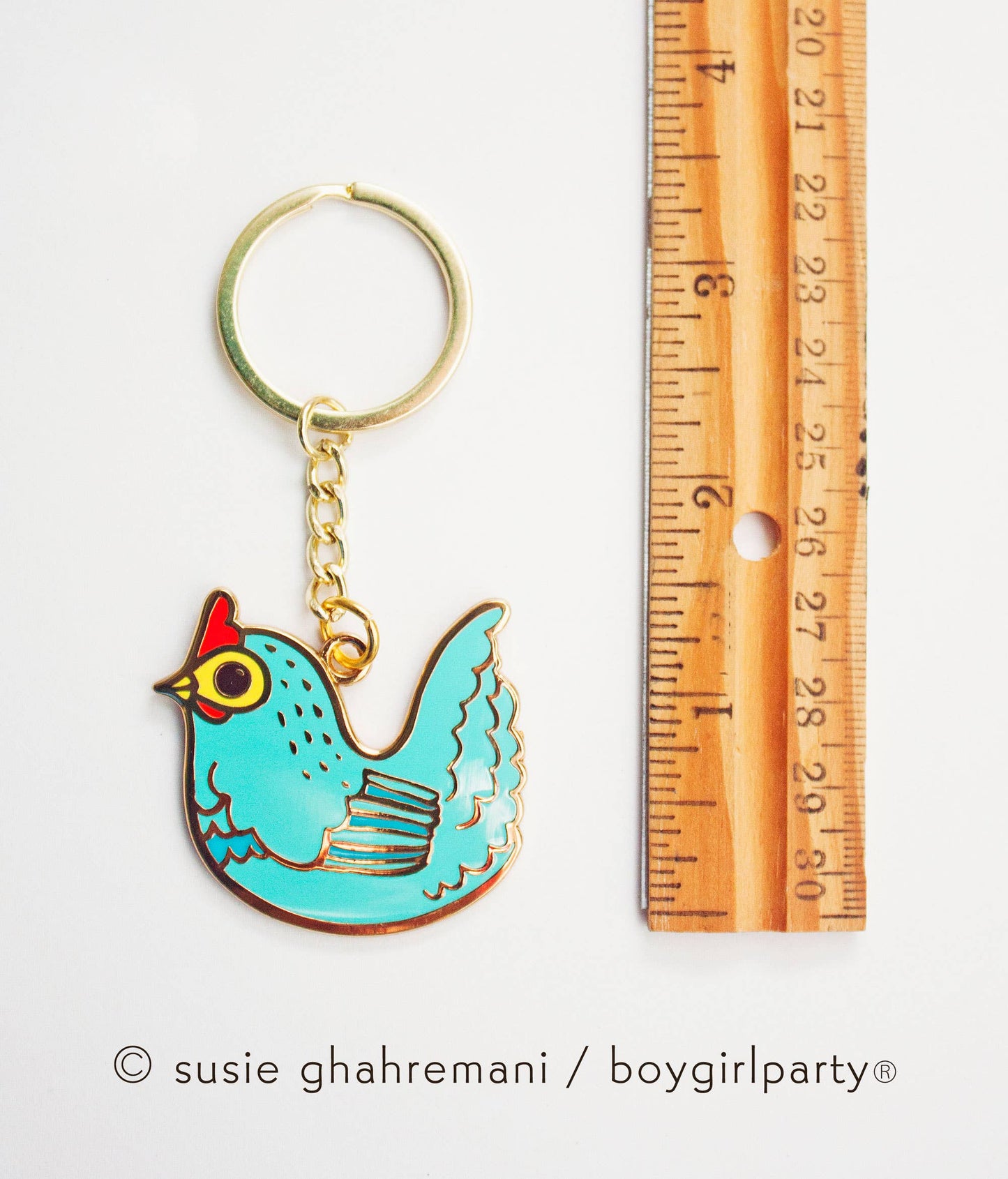Chicken Enamel Keychain - Gold Key Chain with Ring Aqua Blue